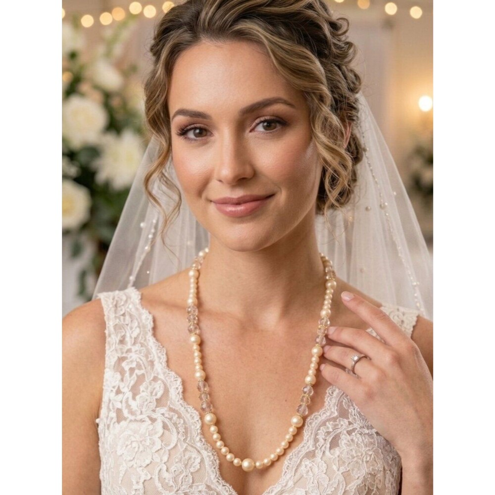 Vintage Faux Pearl & Faceted Crystal Bead Necklace 24” Gold Tone Accents